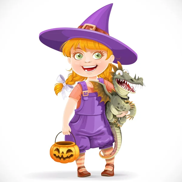 Roztomilá malá čarodějnice s drakem pod paží a pumpkin bask — Stockový vektor