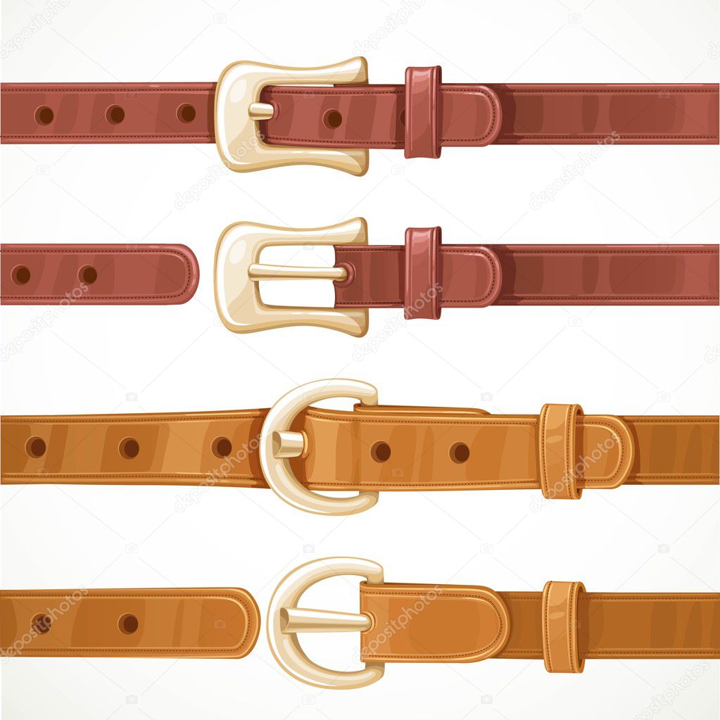 Leather belts with buckles buttoned and unbuttoned variants isol