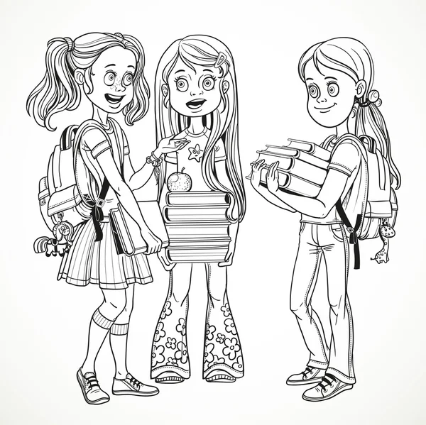 Company schoolgirl with textbooks and backpacks stand talking li — Stock Illustration Company schoolgirl with textbooks and backpacks stand talking li Stock Vector