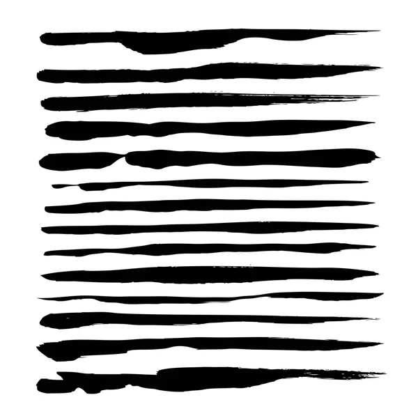 Pinceladas finas negras abstractas de juego de tinta aisladas en un respaldo blanco — Vector de stock