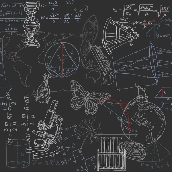 Naadloze patroon van de formules en doodles vakken op school op — Stockvector