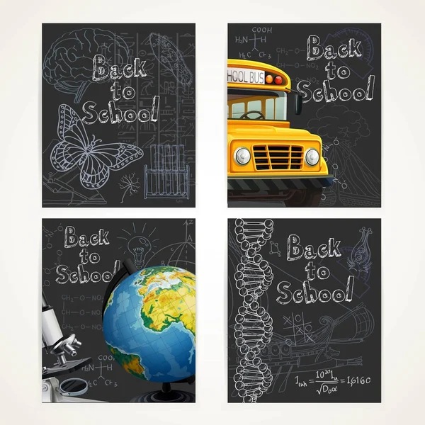 Back to school black banners set with doodles, yellow school bus — Stock Vector