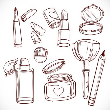 Karalamalar kozmetik krem, yüz pudrası, ruj, fırça seti