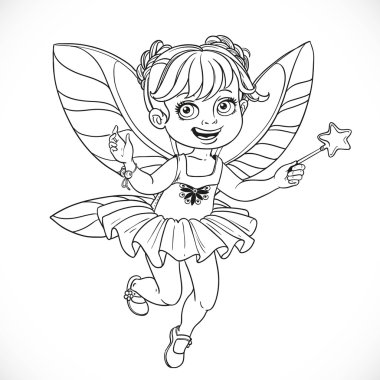 Üzerinde izole sevimli küçük peri kız özetlenen bir sihirli değnek ile bir