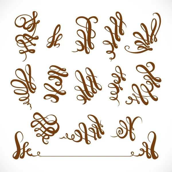 Kalligrafikus vintage elegáns fürtök fikarcnyi elszigetelt elemek beállítása — Stock Vector