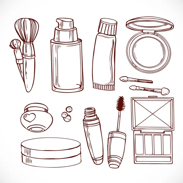 Insieme dei doodles su crema di cosmetici, ombretto, cipria, brus — Vettoriale Stock
