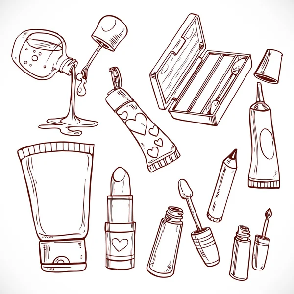 Insieme dei doodles su cosmetics rossetto, smalto, c contorno occhi — Vettoriale Stock