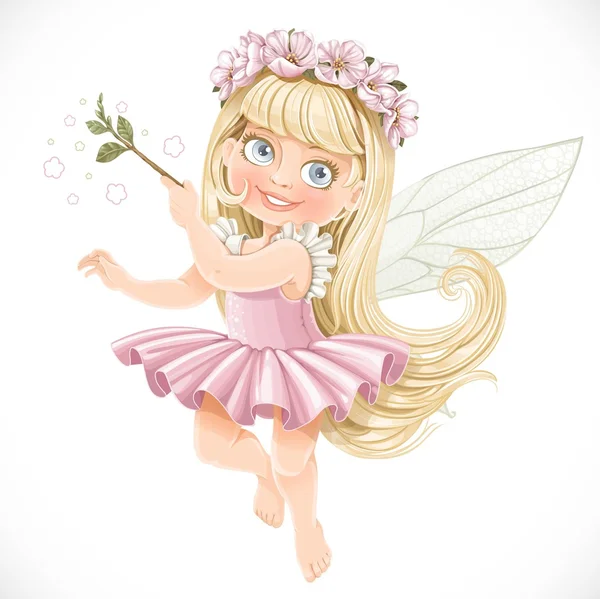 Cute little spring fairy girl in a pink tutu with a Magic wand i — Stock Vector