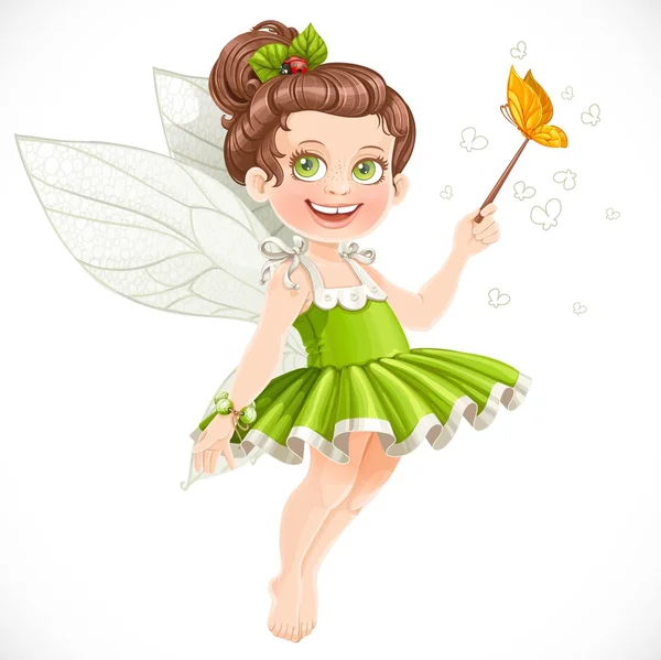 Schattig klein zomer fairy meisje met een toverstaf geïsoleerd op een wh — Stockvector