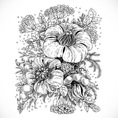 Siyah ve beyaz fantezi çizim çiçek ve kompozisyon bırakır