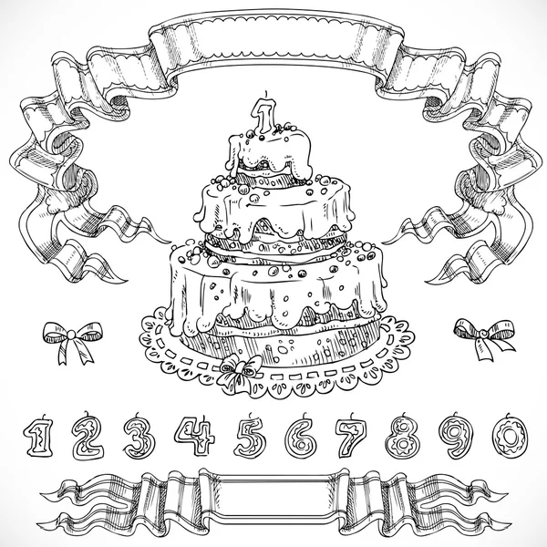 Grafica disegno torta di compleanno ed elementi decorativi di design può — Vettoriale Stock