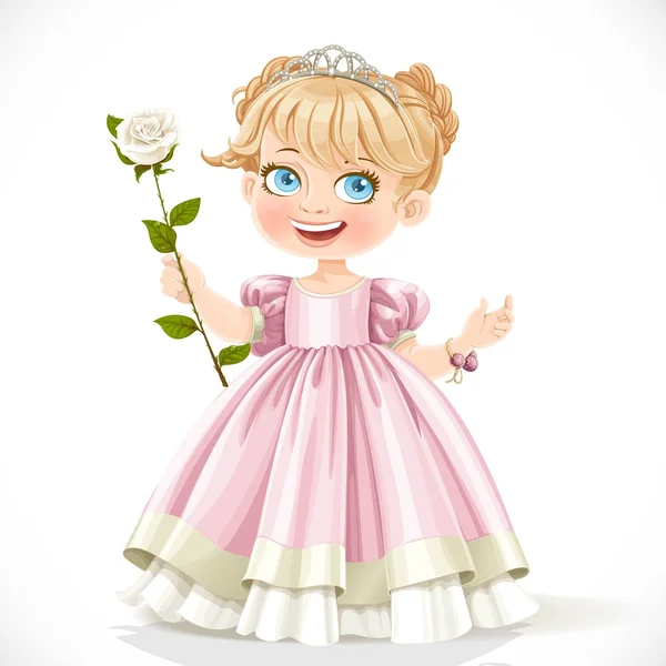 Petite princesse mignonne en tiare avec belle rose blanche sur une lon — Image vectorielle