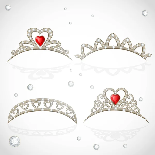 Tiaras de Openwork jóias com diamantes e pedras vermelhas facetadas em —  Vetores de Stock