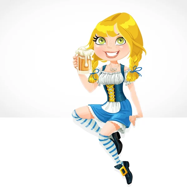 Cute girl sit on big banner white and offers Oktoberfest beer — Stock Vector