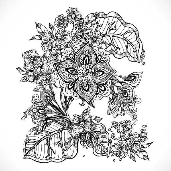 Zwart-wit tekening fantasie bloemen op kleine bush — Stockvector