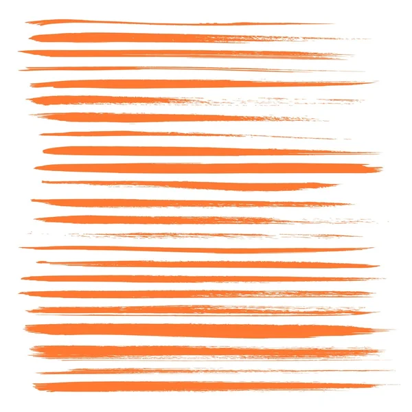 Big set of long texture of dry brush strokes of orange paint — Stock Vector