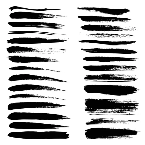 Big set of long texture of dry brush strokes of black paint — Stock Vector