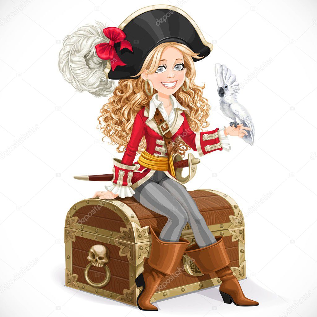 Cute pirate girl with parrot sit on big chest isolated on a whit