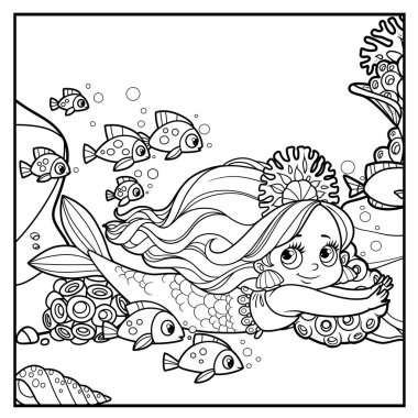 Cute little mermaid girl in coral tiara swims with a flock of fish forward outlined for coloring page isolated on white background 