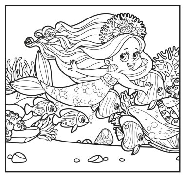 Cute cartoon princess mermaid  on simple square background with the anemones, stones and corals linear drawing for coloring on a white