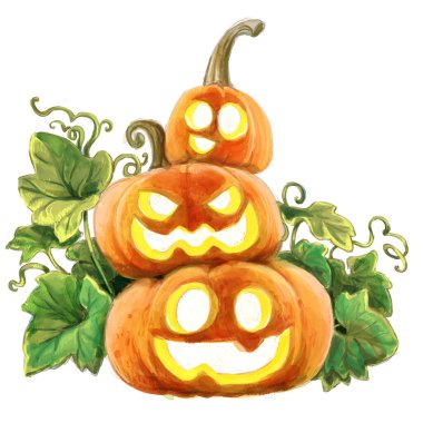 Beyaz bir arka planda oyulmuş sırıtışlı üç kabak kabağı feneri.