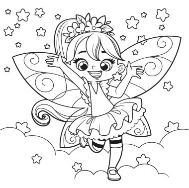 Bulutlarda küçük sevimli bir peri masalı. Beyaz arkaplanı renklendirmek için çizilmiş sihirli yıldızlar.