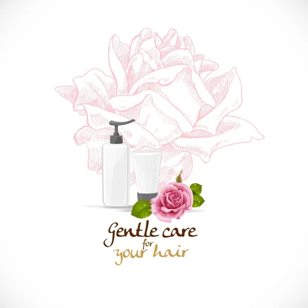 Gentle care for your hair on white background with a pink rose s — Stock Vector