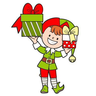 Yakışıklı çocuk Noel Baba 'nın asistanı beyaz arka planda izole edilmiş yeni yıl hediyeleri tutuyor. 