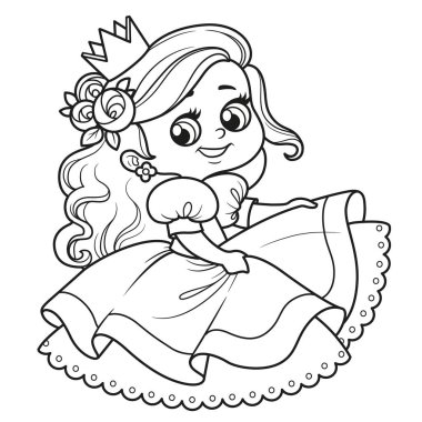 Beyaz arka planda izole edilmiş renkli balo elbisesi giymiş şirin bebek prenses.