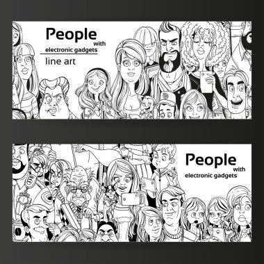 People with electronic gadgets line art on two horizontal banner