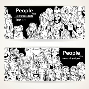 People with electronic gadgets line art on two horizontal banner