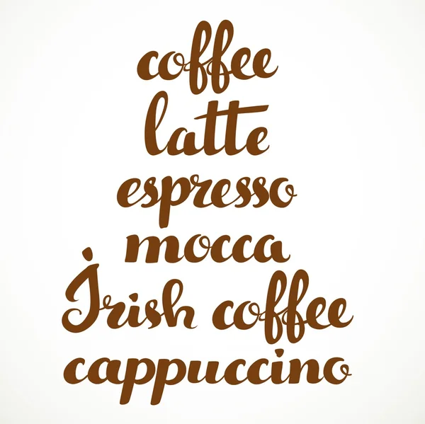 Caffè, latte, espresso, mocca, caffè irlandese, cappuccino calligr — Vettoriale Stock