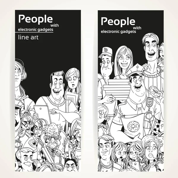 People with electronic gadgets line art on two vertical banners — Stock vektor