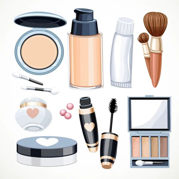 Ensemble d'objets cosmétiques crème, ombre à paupières, poudre pour le visage, brosse, f — Image vectorielle