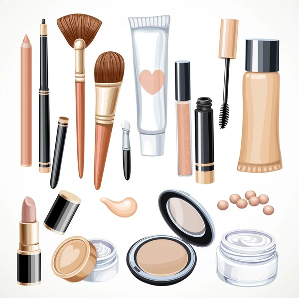 Set of cosmetics objects pencil, brush, blush, lipstick, mascara — Archivo Imágenes Vectoriales