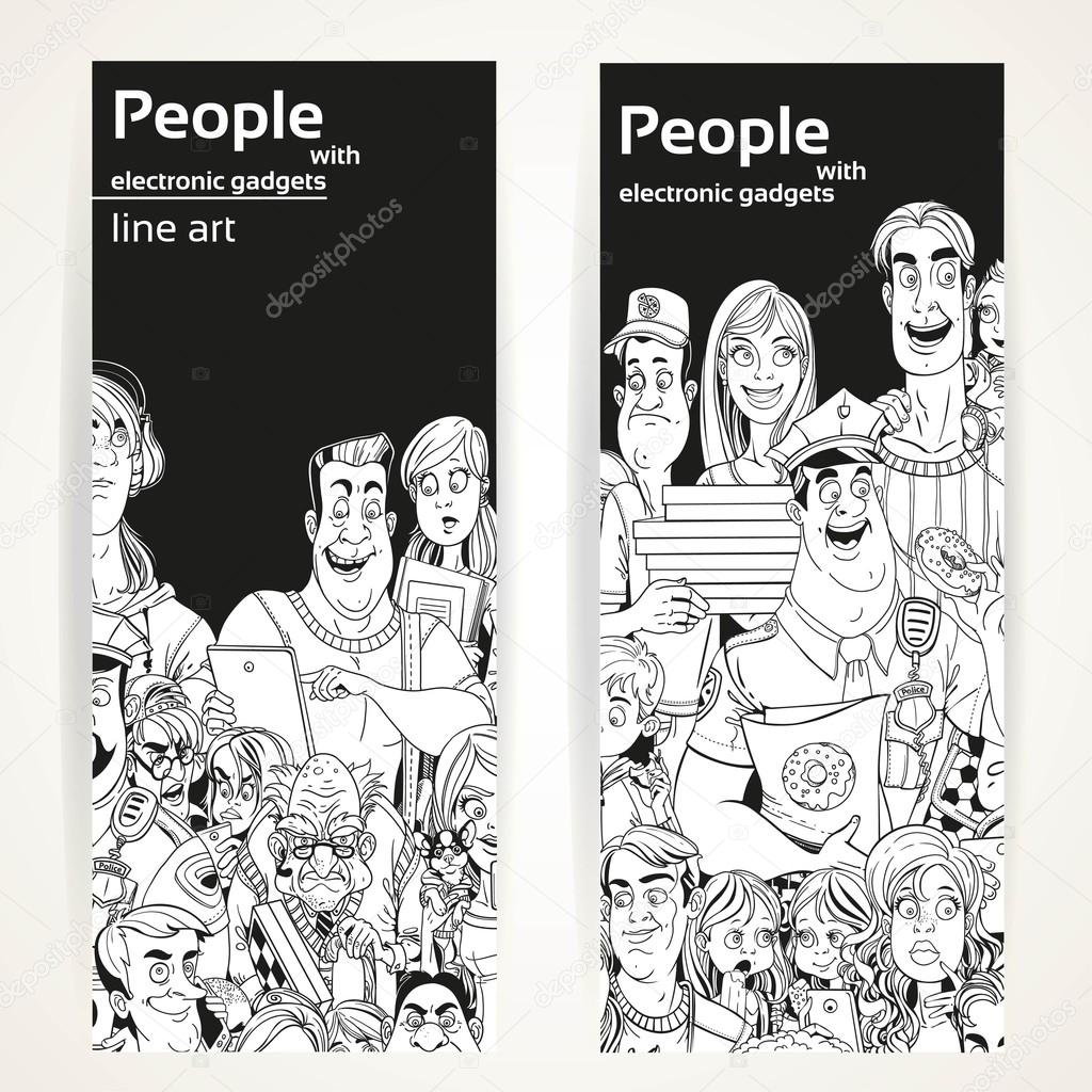 People with electronic gadgets line art on two vertical banners
