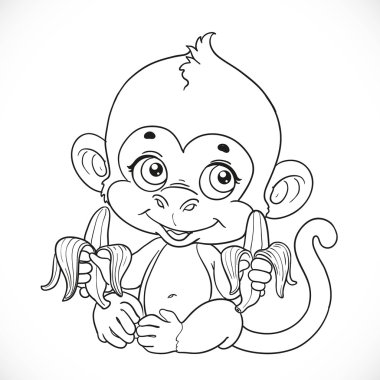 Cute baby monkey with banana outlined isolated on a white backgr