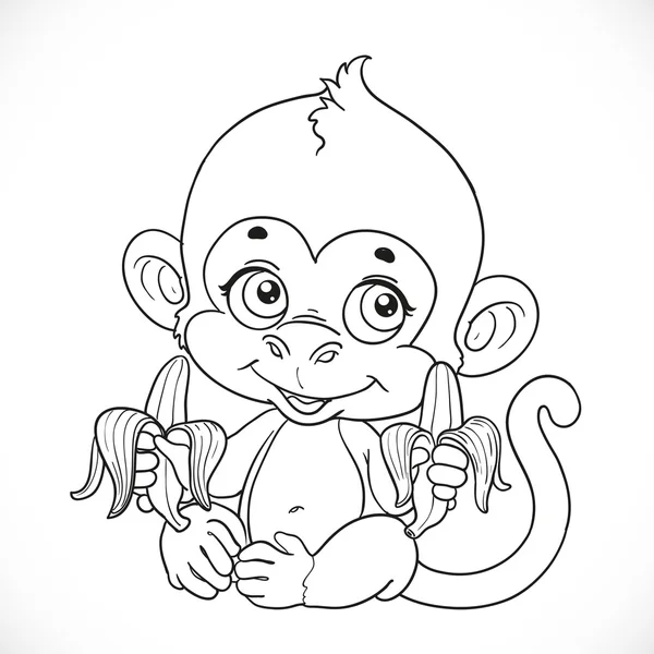 Cute baby monkey with banana outlined isolated on a white backgr — 스톡 벡터