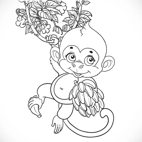 Cute baby monkey with bananas outlined isolated on a white backg — Stock Vector