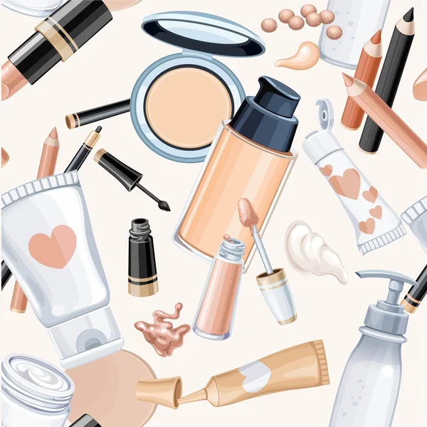 Patrón transparente de objetos cosméticos crema, polvo facial, Fundación — Vector de stock