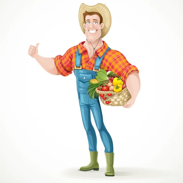 Χαριτωμένος νέος τύπος αγρότης με ένα μεγάλο καλάθι με λαχανικά δείχνει ου — Διανυσματικό Αρχείο