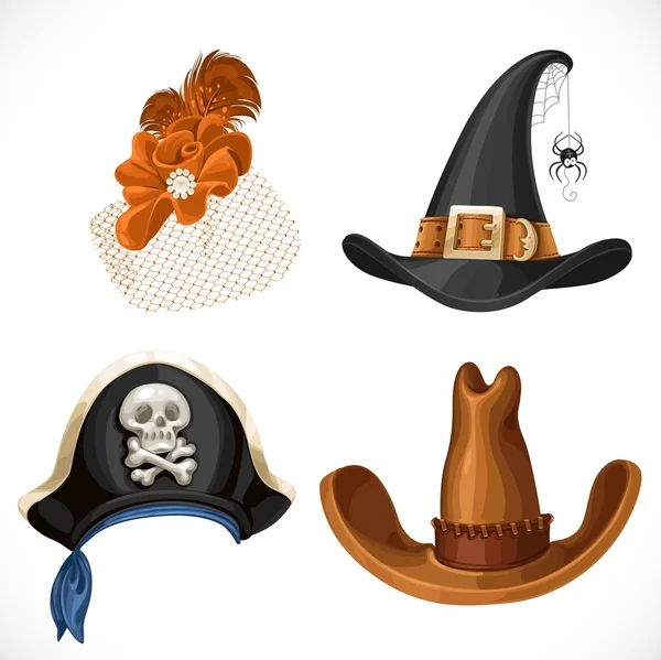 Conjunto de chapéus para as fantasias de carnaval - chapéu retrô feminina, bruxa — Vetor de Stock