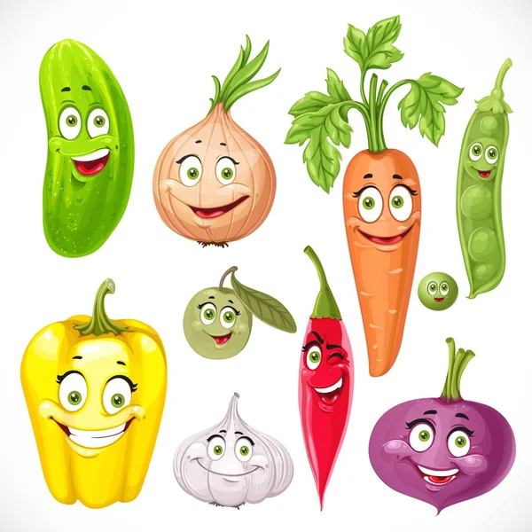 Cartoon vegetables smiles garlic, hot peppers, sweet peppers, ca — Stock Vector