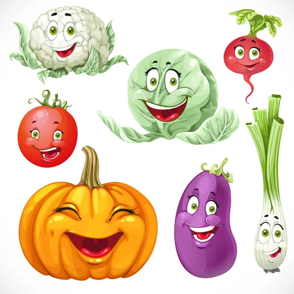 Cartoon groenten glimlacht pompoen, groene uien, kool, caulif — Stockvector
