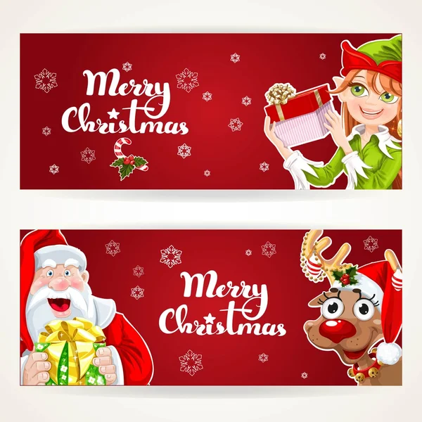 Santa Claus and Elf with gift on two Christmas horizontal blank — Stock Vector