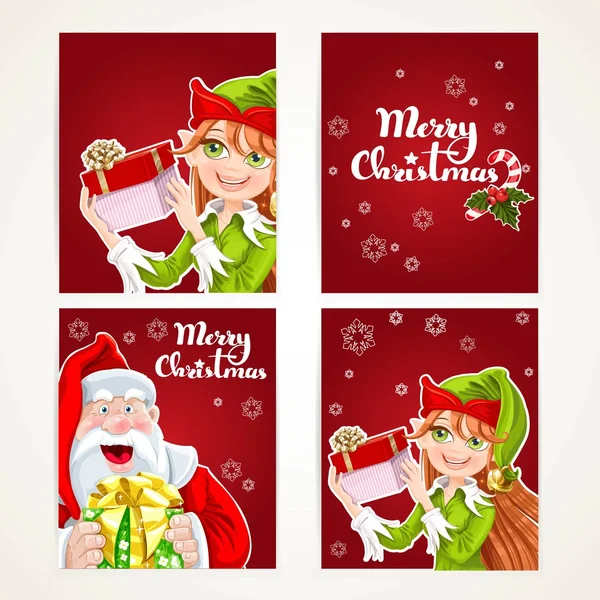 Santa Claus and Elf with gift on Christmas vertical banners set — Stock Vector