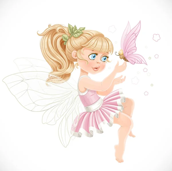 Sweet girl fairy in a pink tutu holding a large butterfly on the finger isolated on a white background — Stock Vector