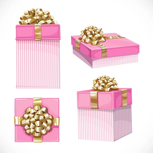 Conjunto de regalos de vacaciones en cajas color rosa con lazo de oro aisladas sobre fondo blanco — Vector de stock