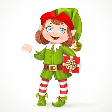 Sevimli küçük kız Santa elf hediye ile beyaz arka plan üzerinde durmak