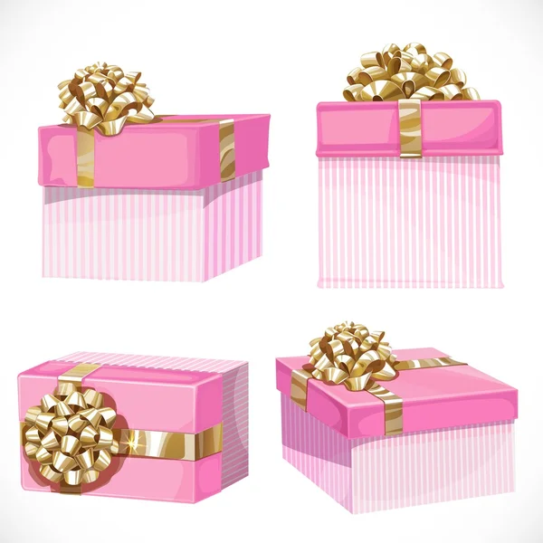 Regalos de vacaciones en cajas color rosa con lazo de oro aisladas sobre fondo blanco — Vector de stock